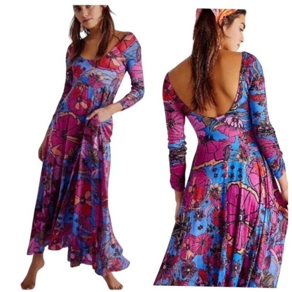 Free People Maxi Dress Womens M First Date Floral Viscose Scoop Back Retro Indie